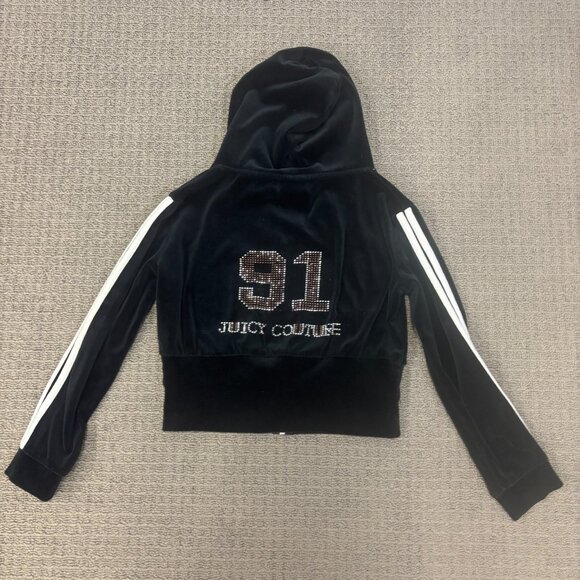 Vintage Juicy Couture Tracksuit Jacket Large Black Velour Cropped Y2K Rhinestone - Picture 1 of 11